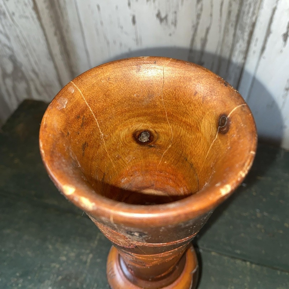 Vintage MCM Wooden Vase With Carved Leaves and Flowers 9" Tall - Picture 6 of 7